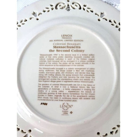 LENOX Plate Collectible Colonial Bouquet 1996 Vintage 24K gold trim - Picture 3 of 8